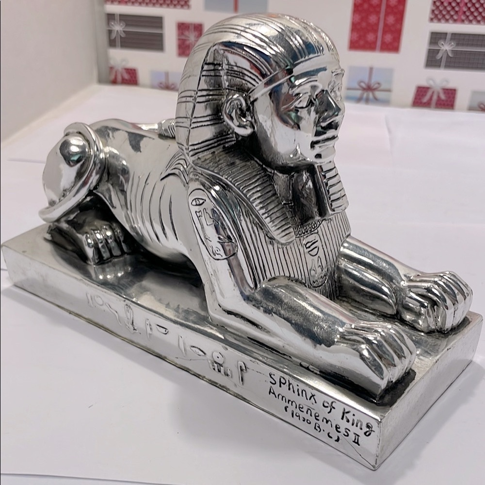 Silver and Black Egyptian Sphinx of King Ammenemes II Decor Accent